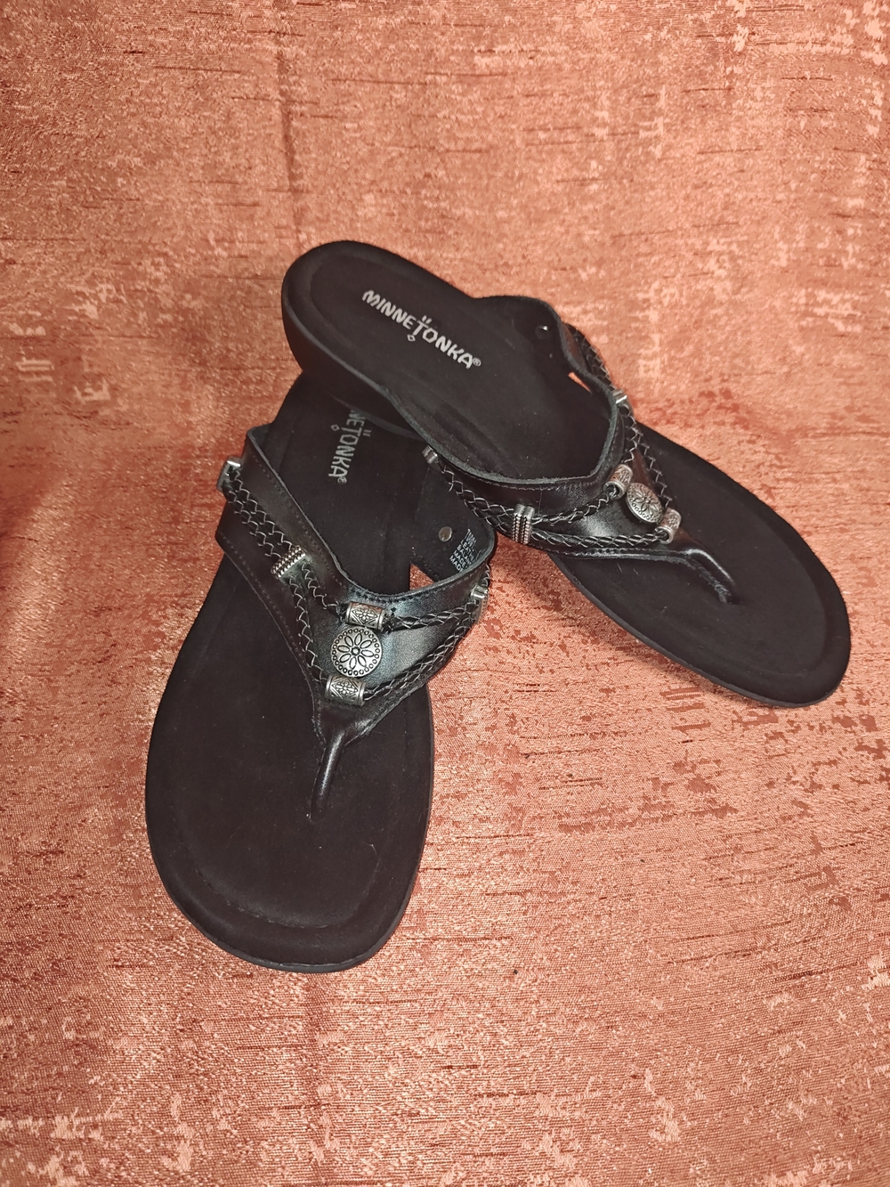 Minnetonka Black Leather Concho Thong Sandals